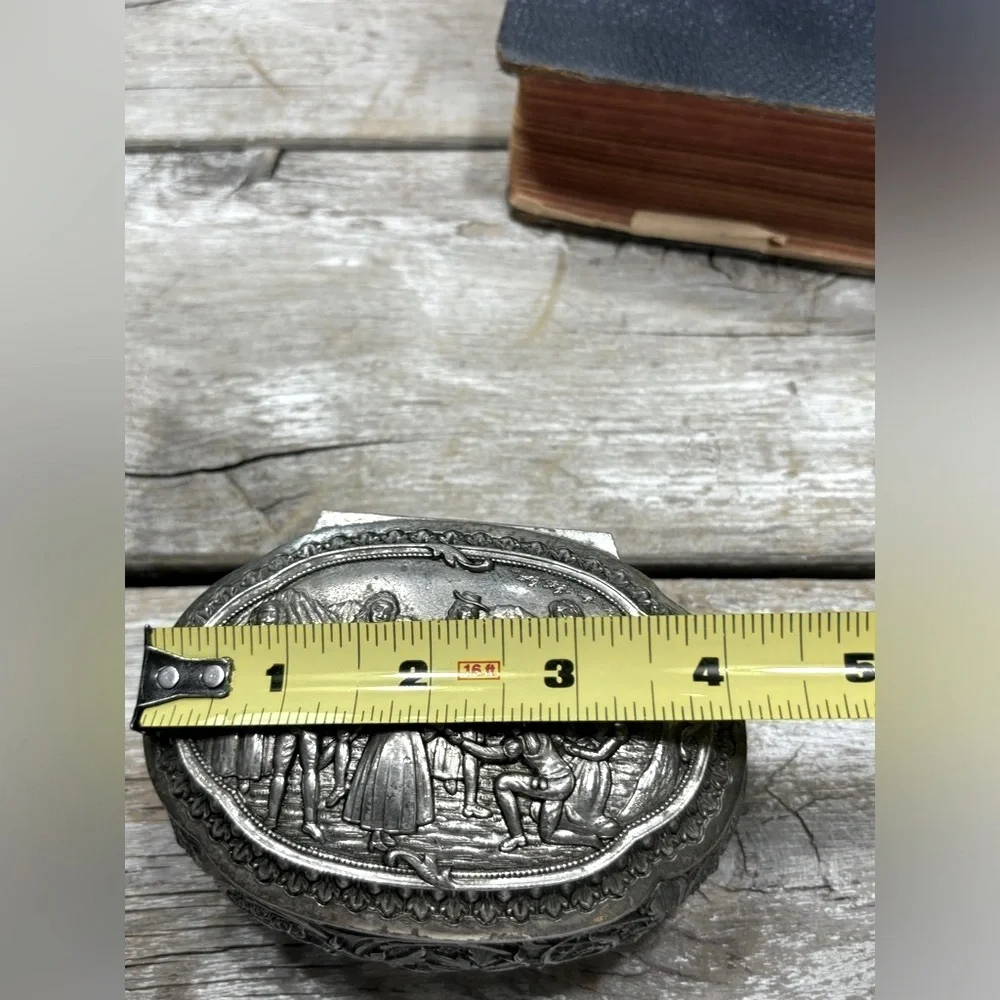 Vintage 70’s Silver Tone Footed Trinket Box (Stamped Japan) Blind Man's Bluff